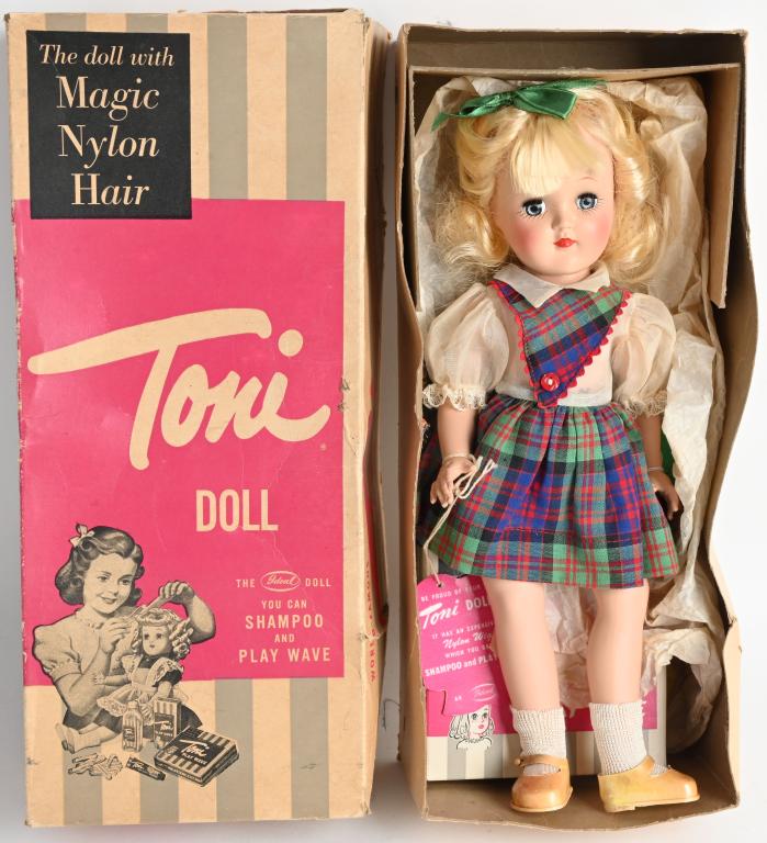 1951-14” IDEAL P-90 BLONDE HAIR TONI w/ BOX: Beautiful original doll with hang tag, Play Wave kit, and original box. The doll is Excellent, the original box has wear. Excellent