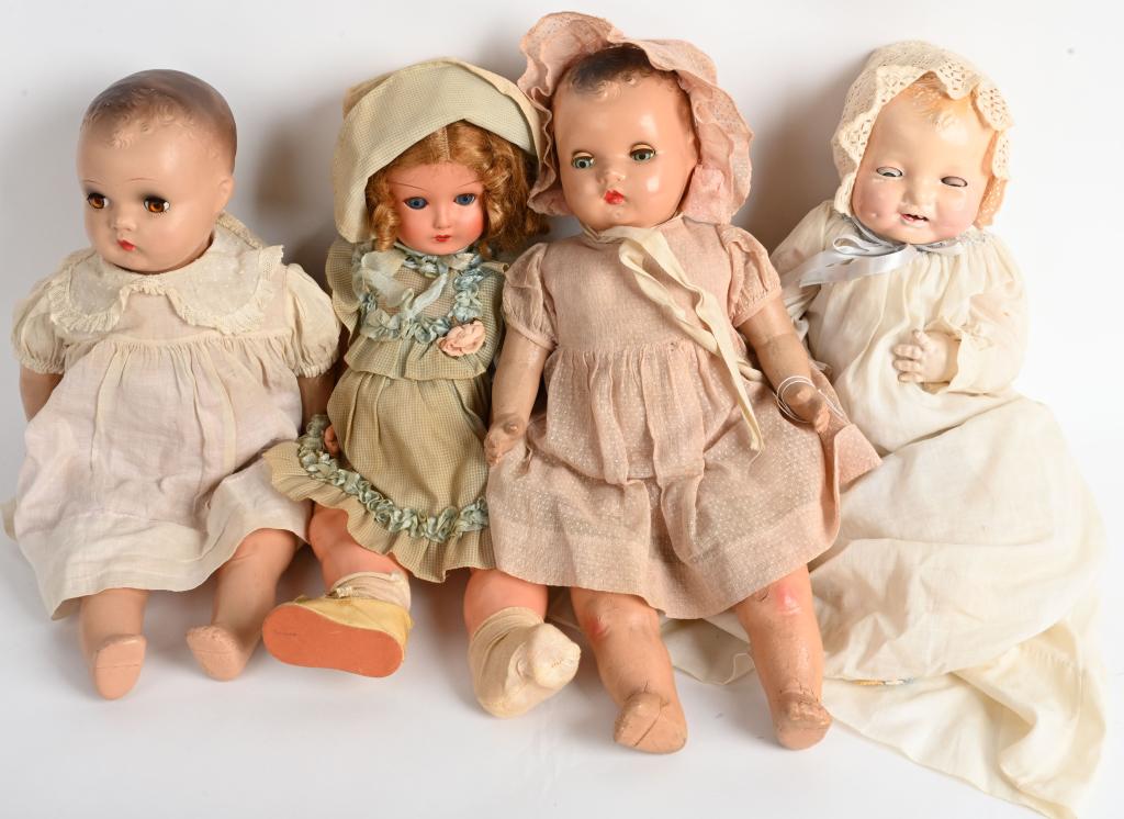 4- VINTAGE COMPOSITION DOLLS: Lot includes 2 Horseman dolls, an Effanbee doll, and an unmarked doll. Largest is 18". Condition varies. ome have issues. AS-IS