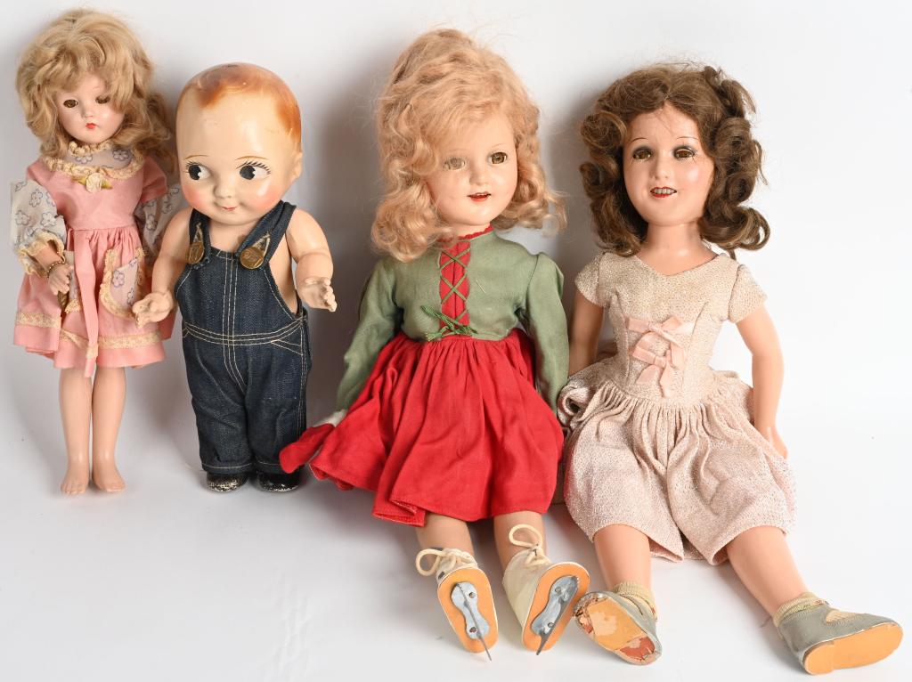 4- VINTAGE COMPOSITION DOLLS, SONJA HENIE & MORE: Lot includes Madam Alexlander Sonja Henie doll with tagged outfit and skates, a 20" doll marked Ideal, a Buddy Lee doll, and a 13" Effanbee Suzanne doll. Some wear and soiling. Very Good