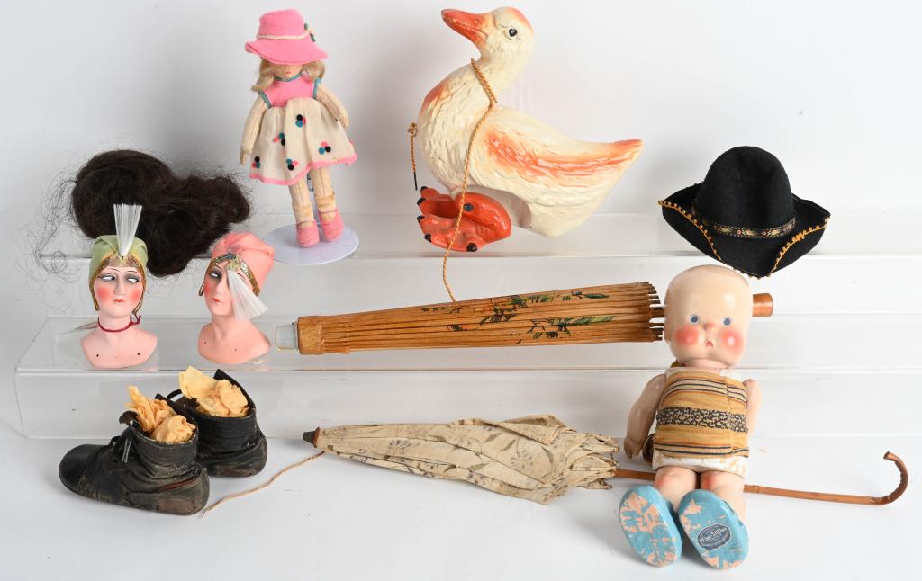 VINTAGE DOLL, TOY and ACCESSORY LOT: Lot includes a 10" Hebee-Shebee doll that needs restrung, a felt doll, a 8"composition goose pull toy, and more. Condition varies AS-IS