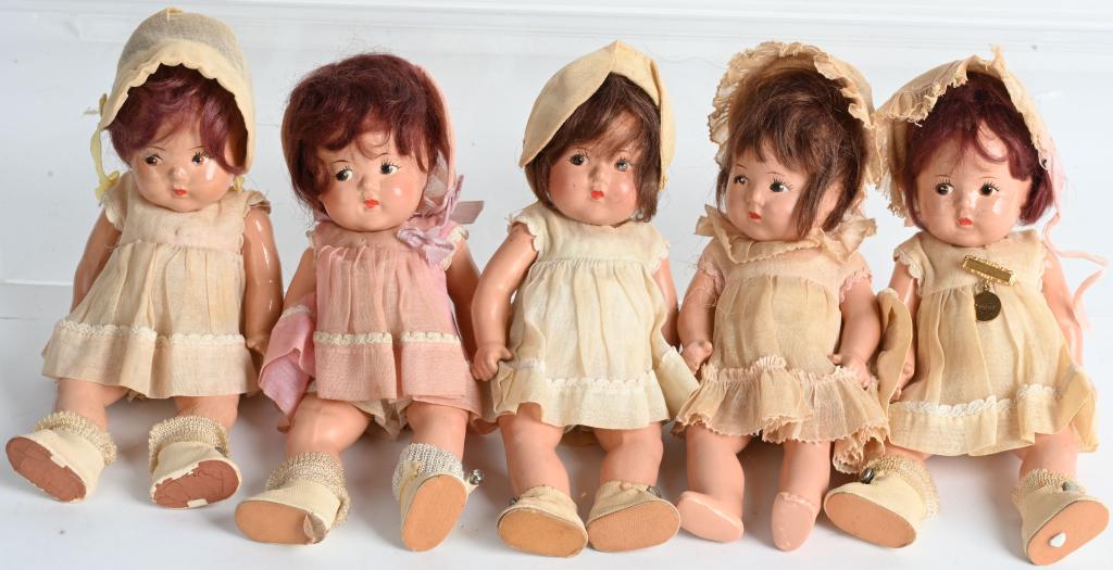 5- MADAM ALEXANDER DIONNE QUINTUPLETS DOLLS: Lot of 5 original Madam Alexander Dionne Quintuplets 7" dolls. All have attached hair. Have general wear to hair and composition. Original outfits. Very Good