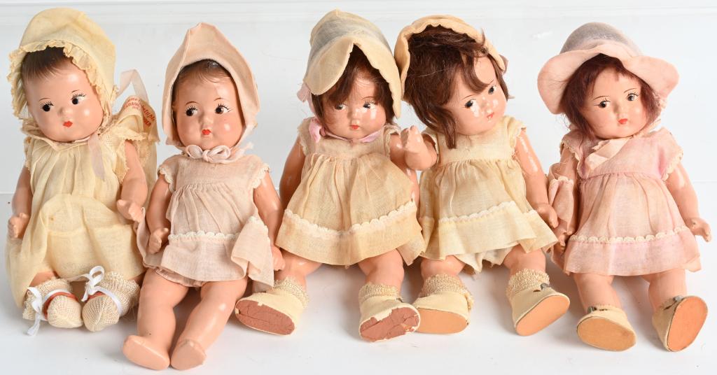 5- MADAM ALEXANDER DIONNE QUINTUPLETS DOLLS: Lot of 5 original Madam Alexander Dionne Quintuplets 7" dolls. Two have painted hair and the other three have attached hair. Have general wear to composition. Original outfits. Very Good