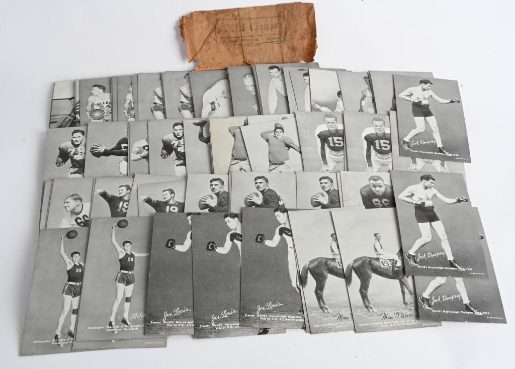 VENDING FRESH LOT (98) CHICAGO EXHIBIT CARDS: 1948 World Champs assorted cards from vending pack (end label included) Includes Dempsey , Louis, Man O War, Mikan, Bulldog Turner and Otto Grahm (3 of each), Baugh (5), Van Buren (5), Luckman (4), Lu