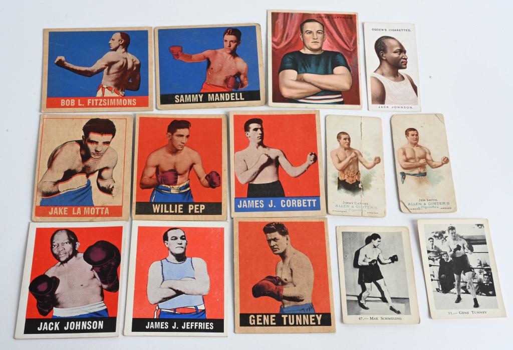 KILLER PRE WAR BOXING CARD LOT (14): LOT INCLUDES; (2) ALLEN & GINTER Jem Smith & Jimmy Carney , HASSAN James Jeffries , a clean centered exc condition. OGDEN'S CIGARETTES Jack Johnson, really clean and well centered exc. (2) blank back
