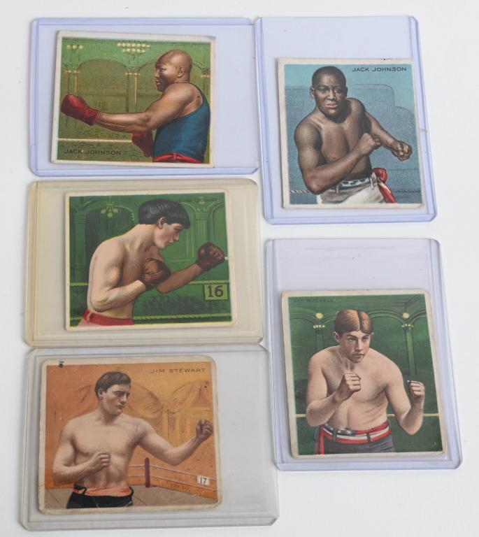 LOT (5) MECCA 1910 T218 BOXING CARDS-JOHNSON: Includes two Jack Johnson cards, both crease free, great color. Both are about excellent. Also Young Loughrey, Unk Russell and Jim Stewart which are in very good condition.