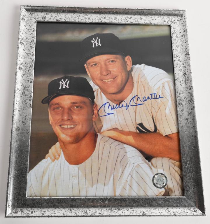 MICKEY MANTLE SIGNED 8X10 PHOTO: Full color image of the Mick and Maris in home pinstripes and signed by Mantle in blue sharpie. Comes with cert.