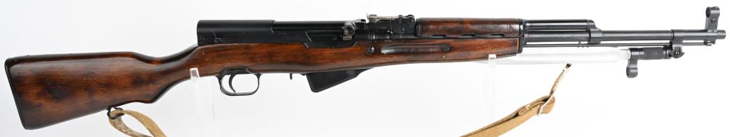 RUSSIAN SKS M45 WITH FOLDING BAYONET: SERIAL NUMBER AA1481 /9910231 BARREL 20" CALIBER 7.62X39 MANUFACTURED 1945-1958. Produced at Tula Arsenal with blued steel and Arctic Birch wood stocks. Folding blade bayonet, Russian web sling and cl