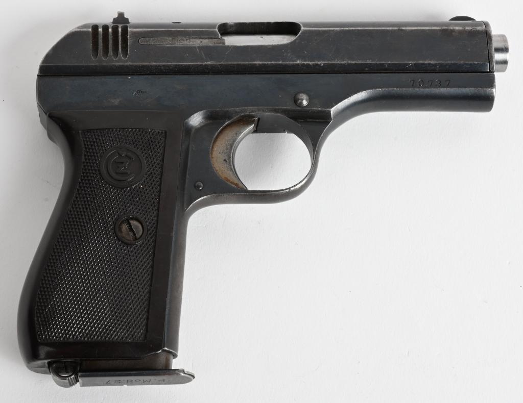 WW2 CZ MODEL 27 PISTOL: SERIAL NUMBER 70787 BARREL 3-5/8" CALIBER 7.65/.32ACP MANUFACTURED WW2. Produced by CZ under German occupation . Blue finish with straw finished appointments. Matching serial numbers on frame, slide,b