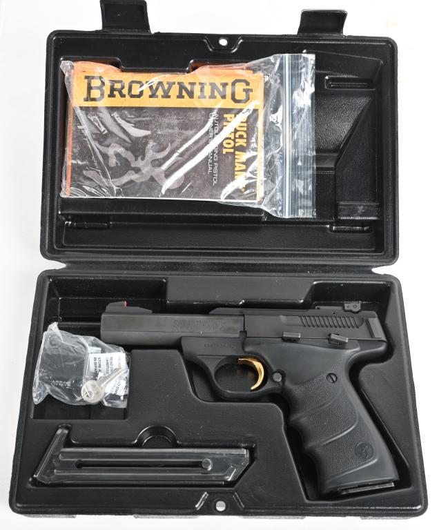 BOXED BROWNING BUCKMARK SEMI AUTO PISTOL: SERIAL 515ZY29222. BARREL 4". CALIBER .22 LONG RIFLE. The Buck Mark pistol 22 rimfire superseded the original Challenger series of Browning 22 Long Rifle pistols in about 1985. Features bull barrel, t