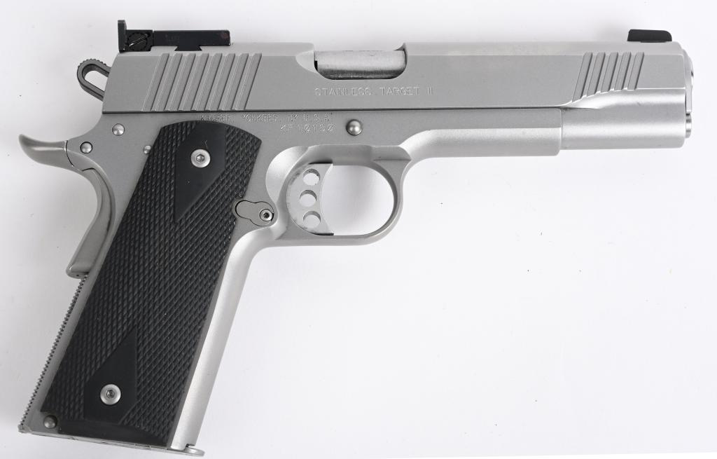 KIMBER STAINLESS TARGET II SEMI AUTO PISTOL: SERIAL KF10160. BARREL 5". CALIBER .38 SUPER. Quality built using the Colt 1911 platform by Kimber of Yonkers. Features brushed stainless finish, Lt. Wt. adjustable trigger, beveled ejection port, bob