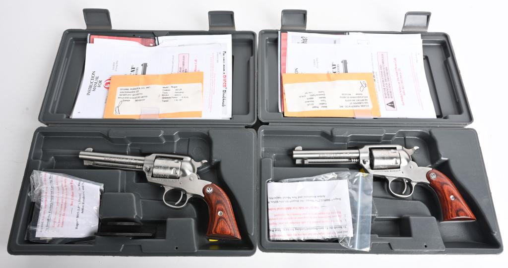 CONSECUTIVE PR. RUGER STAINLESS NEW BEARCATS: SERIAL 93-53136 & 37. BARREL 4". CALIBER .22 LR. As new pair of stainless Ruger New Model Bearcat single action, six shot revolvers with fixed sights and rosewood grips. Both are as new in case with p