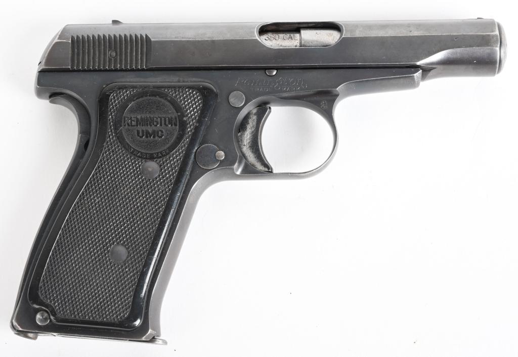 PRE WAR REMINGTON MODEL 51 SEMI AUTO PISTOL: SERIAL 55906. BARREL 3". CALIBER .380. MADE 1918-43. A stiff competitor to the Colt 1903-08, semi auto, blue finish, clip fed with Monogram black checkered plastic grips. Some thinning on sides of bar