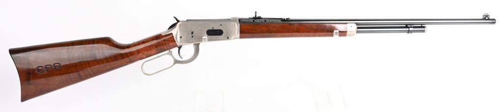BOXED WINCHESTER CANADIAN PACIFIC COMMEMORATIVE #1: SERIAL CPC1. BARREL 24". CALIBER .32 WIN. SPL. MADE IN 1981. A very short production Canada only special rifle that features deluxe piano finish walnut stock branded CPR. Frame , nose cap mag cap, lev