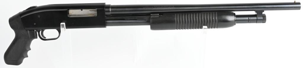 MOSSBERG MODEL 500 G SLIDE ACTION SHOTGUN: SERIAL J893942. BARREL 18.5". GAUGE-20. CHAMBER 3". CHOKE-OPEN. Combat style short barrel pump with black nylon fore-arm and pistol grip with lanyard ring, extended mag, single bead sight, blue finish