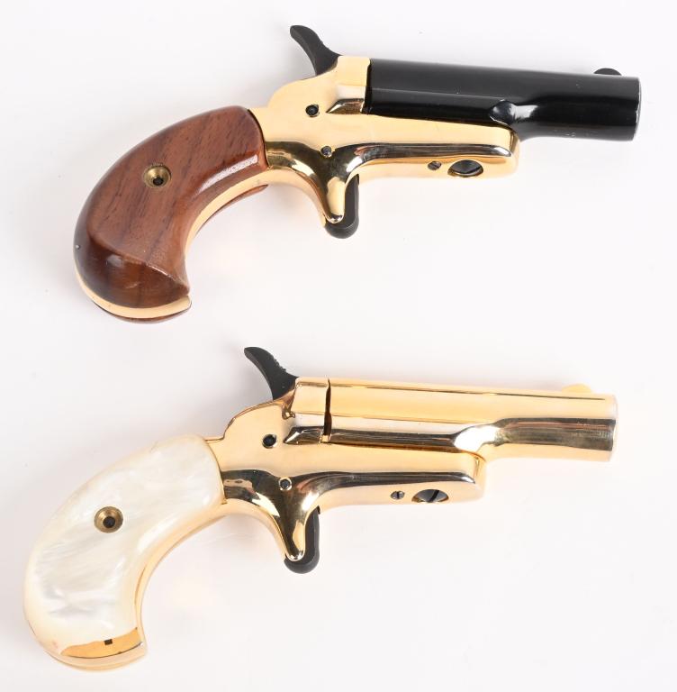 PAIR COLT LORD LADY DERINGERS: SERIAL B54073 & B54074. BARRELS 2.5". CALIBER .22 SHORT. MADE 1970-76. One is full gold plate with faux pearl grips (small chip on bottom right panel) and one has gold frame with blue barrel and walnu