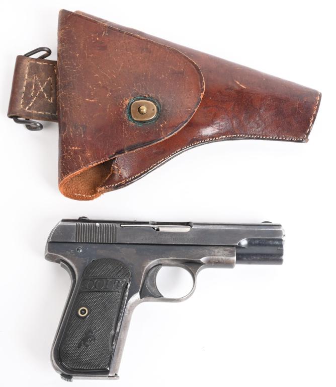 COLT MODEL 1908 SEMI AUTO .380 PISTOL: SERIAL 17245. BARREL 3.5". CALIBER .380 ACP. MADE IN 1914. A favorite with both users at the time and collectors today. Standard features include Colt factory blue finish with Colt gutta percha grips.