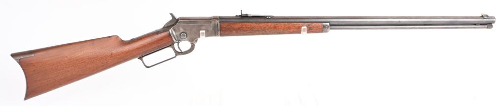 ANTIQUE MARLIN MODEL 1892 LEVER ACTION .22 RIFLE: SERIAL 104345. BARREL 24". CALIBER .22 RIMFIRE. MADE IN 1894. Short production and scarce in .22 caliber. Features round barrel, full mag with knurled loading knob, semi buckhorn rear sight, blade fro