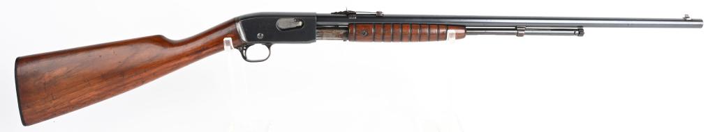 FINE REMINGTON MODEL 12-A SLIDE ACTION .22 RIFLE: SERIAL 417872. BARREL 22". CALIBER .22 RIMFIRE. MADE 1909-1936. Remington premier quality .22 pre war rifle features round barrel, tube magazine, take down, sporting sights, blue finish, walnut stock 