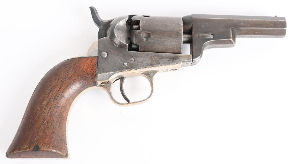 SCARCE COLT WELLS FARGO PERCUSSION REVOLVER: SERIAL 109290 . BARREL 3". CALIBER .31 MADE IN 1855. Only around 6000 of these special revolvers in the 1849 Model range were made from 1850 through 1861. Built as a hide out pistol with short octagon
