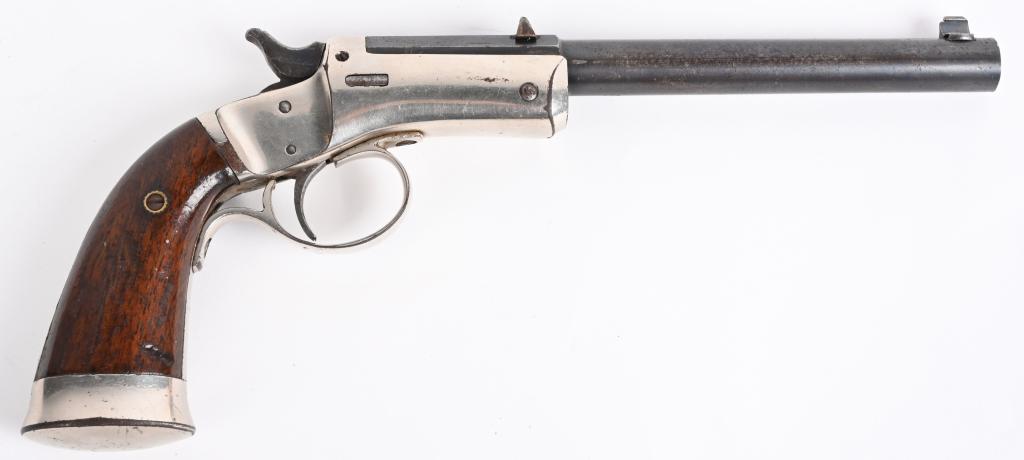 STEVENS OFF HAND NO 35 PISTOL: SERIAL 49610. BARREL 7" CALIBER .22 LONG RIFLE. MADE 1923-42. Barrel was cut as this length never offered. Octagon to round blue barrel, nickel plated iron frame, walnut grips with heavy metal butt. S