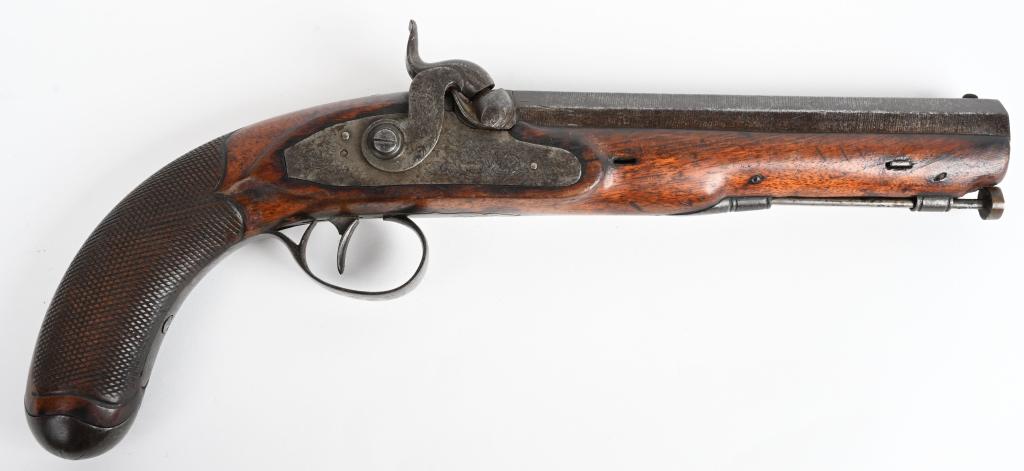 FINE BELGIUM DAMASCUS PERCUSSION PISTOL: No maker stamp or cartouche but appears Belgium made. Mid 19th century single shot that features a 7" Damascus octagon barrel in .72 bore, engraved lock & hammer, checkered pistol grip walnut stock wi