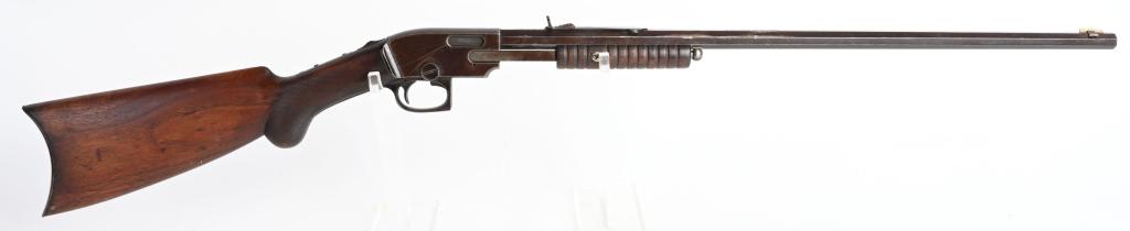 SAVAGE MODEL 14 PUMP ACTION .22 RIFLE: SERIAL 47976. BARREL 24". CALIBER .22 RIMFIRE. This model was made from 1914 - 1928. Features a full octagon barrel, sporting sights to include semi buckhorn rear and knife blade front sight, half mag