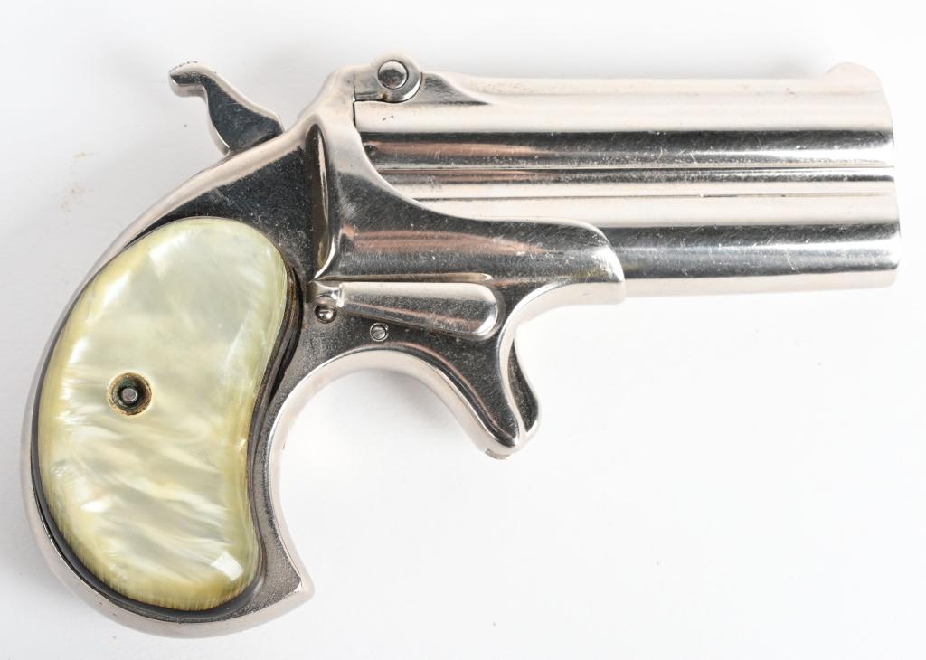 REMINGTON MODEL 95 OVER UNDER DERINGER: SERIAL 255. BARREL 3". CALIBER .41 RIMFIRE. MADE 1888-1911. Gun retains virtually all of the re-applied nickel finish with faux pearl grips. Hinge is tight, legends are sharp but bore has some roughne
