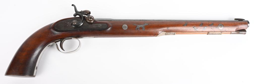 J.P. CLABROUGH & BROS. KY. PISTOL: This firm operated out of San Francisco 1863-1896 as Clabrough & Bros (1870-1883. This pistol is also signed J G GAUMLL on barrel. Pistol appears to be a more recent build using old original lock. Gun