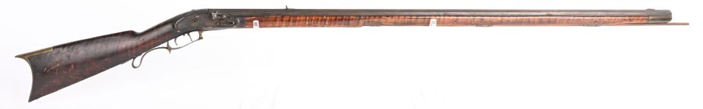 SIGNED FULL STOCK FLINTLOCK KY. RIFLE: BARREL 38.5. CALIBER .38 There is a signature on barrel that appears to be N. Clark. American Gunsmiths list an N. Clark as Southern full stock rifles and Nelson Clark of Miamisburg Ohio 1825-1859 per