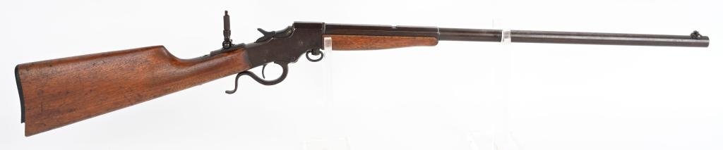STEVENS SINGLE SHOT BOYS RIFLE: A05937. BARREL 22". CALIBER .22 LONG RIFLE. No model stamp on rifle. Features octagon to round barrel, rear sight missing, tang sight installed, take down lanyard, walnut stocks, Stevens gutta percha 