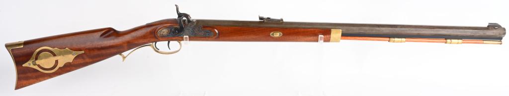 CABELA'S ANTIQUED .50 HAWKING RIFLE: SERIAL 444472. BARREL 29". CALIBER .50. Almost a mirror image of the Thompson Center Hawkin, same style rear target sight, knife blade front sight , Antiqued full octagon barrel, case color lock & ham