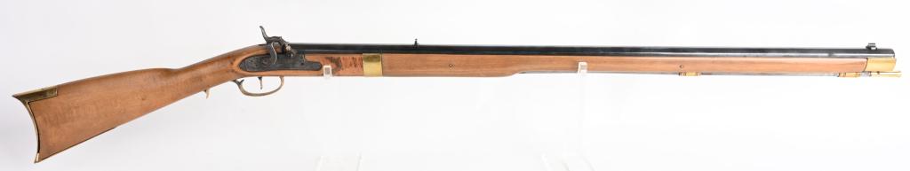 CVA FULL STOCK PERCUSSION KY RIFLE: SERIAL 0041282. BARREL 33.5". CALIBER .45. Just a good quality plain Jane hunting version of a Kentucky rifle with full hardwood stock, full octagon barrel, leaf rear sight, case color lock, no patch 