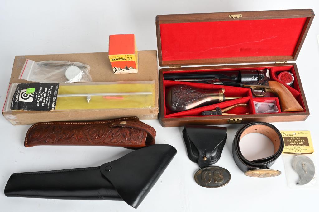 CASED UBERTI COLT 1860 ARMY / ALL ACCESORIES: SERIAL A3515. BARREL 8". CALIBER .44. Appears unfired. Features round barrel, rebated cylinder with Navy scene, brass trigger guard, steel backstrap cut for stock, case color frame, lever & hammer. Co