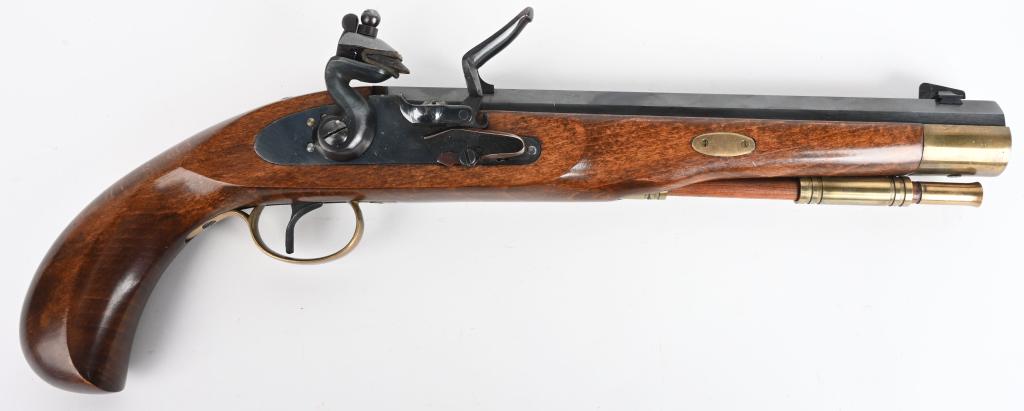 HOPKINS & ALLEN MODEL 10 KY. FLINT LOCK PISTOL: SERIAL 01828. BARREL 10". CALIBER .50 RIFLED. This is the flint version that pairs with the following percussion model to make a set. Features blue octagon barrel, wind drift sights, brass furniture, 