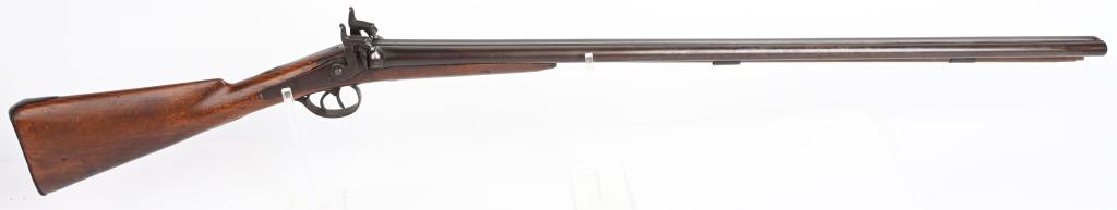 CA 1860'S SMALL BORE PERCUSSION SXS SHOTGUN: Twin 32" smoothbore barrels in .28 gauge features back lock actions, exposed hammers, double triggers, walnut half stock, smooth metal butt plate and wood rod with all iron furniture in rich brown pat