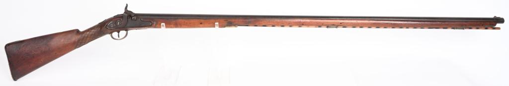 ROBBINS & MUCHALL ENGLISH FOWLING PIECE: Features a 43.5" round barrel, percussion, full length stock checkered at wrist, brass furniture, single trigger, brass oval at wrist, numerous British proofs on barrel. Metal is brown patina. very go