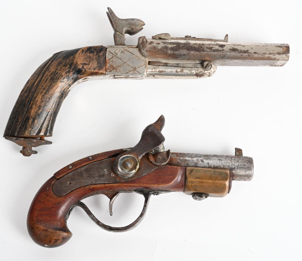 TWO ANTIQUE GUNS TO FINISH: An old Spanish double barrel and a derringer type gun. As Is. A.