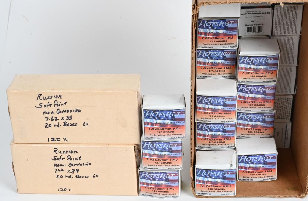 960 RDS ROMANIAN + RUSSIAN 7.62x29 RIFLE AMMO: 2 120 round boxes of Russian and 36 20 round boxes of Century Arms Romanian made 7.62x39 rifle ammo for SKS and AKM style rifles. Excellent