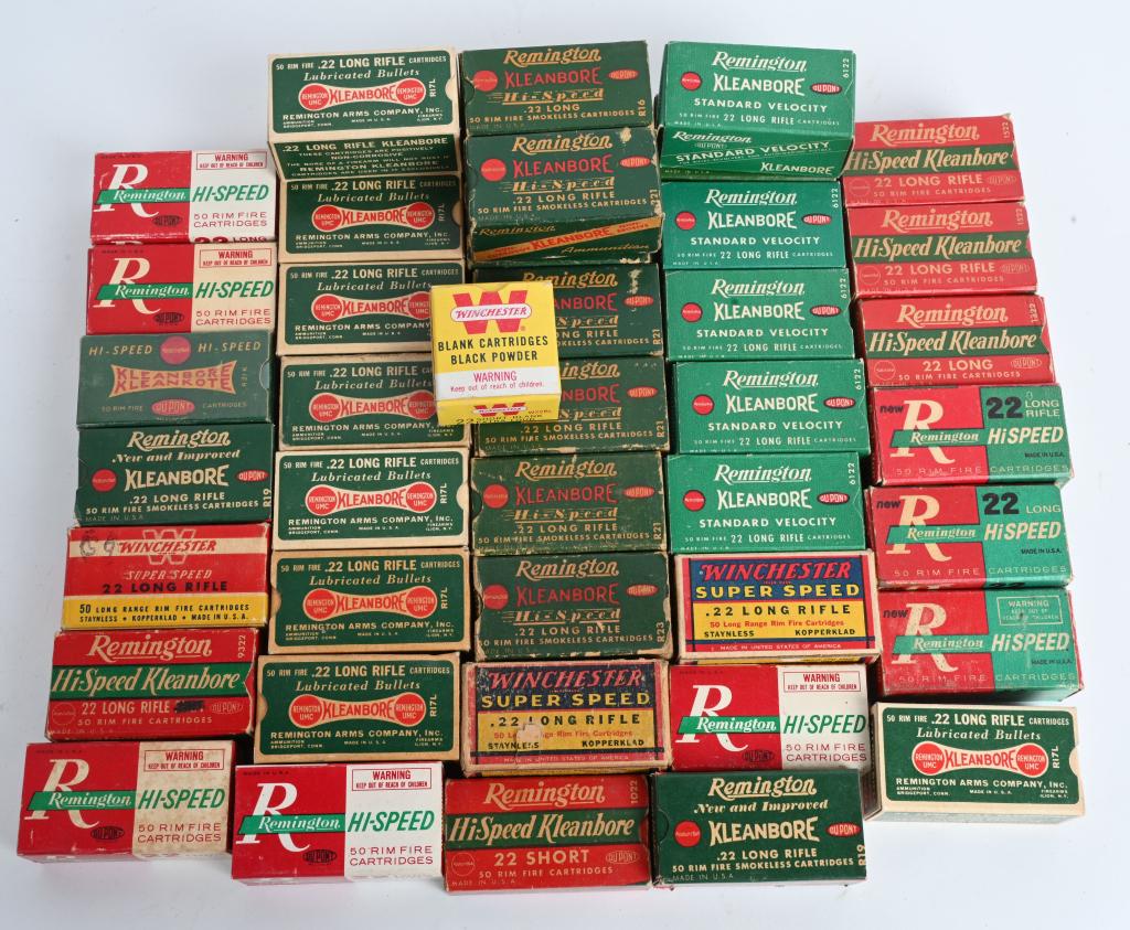 (43) BOXES OF COLLECTIBLE .22 AMMO 1940-50'S: (8) Early boxes with Kleanbore in red, (9) Dog-bone boxes, (7) Kleanbore in white, (3) odd Kleanbore, (2) red, yellow, blue Winchester, (1) Red & Yellow Win, (1) Win .22 black powder blanks, (8) Assor