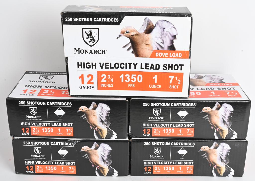 1250 MONARCH HIGH VELOCITY 12 GA SHOTGUN SHELLS: 5 unopened 250 round cases of Monarch High Velocity Lead Shot shot shells. 12 GA, 1 ounce 7 1/2 shot shells. Near Mint