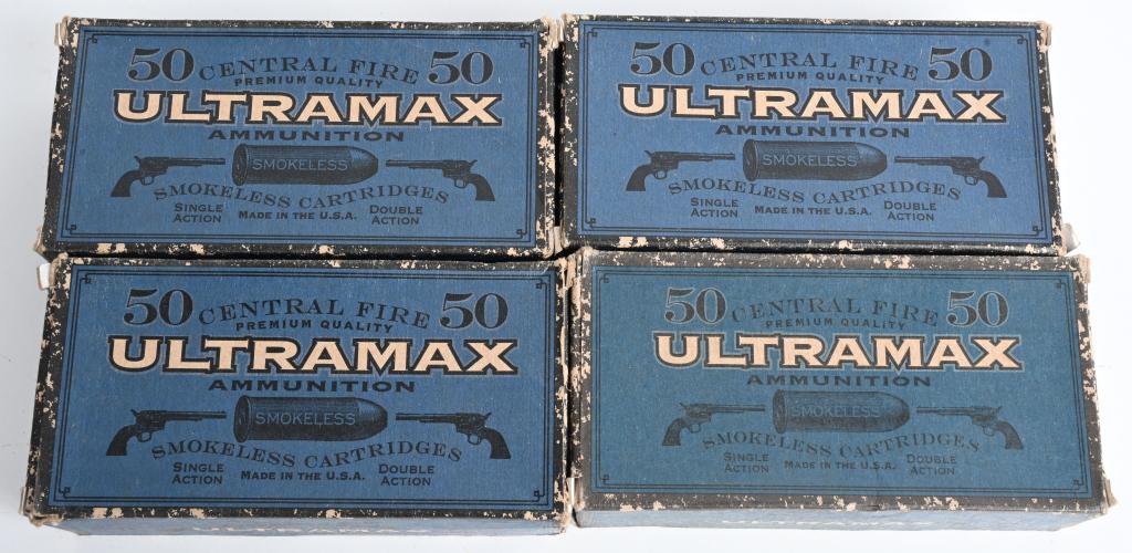 FOUR BOXES ULTRA MAX .44 COLT CARTRIGES: 200 Total rounds of solid lead flat tops , four boxes of 50 rounds each. As new so refresh that Colt .44 conversion and go shooting.