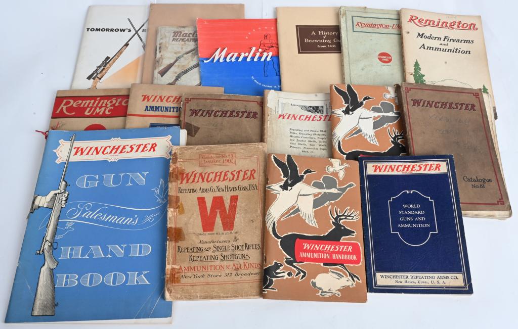 LOT (16) VINTAGE GUN CATALOGS- MARLIN, WIN. , ETC: Includes (2) Winchester Ammunition Handbooks circa 1950 ex-mt, Winchester , pre Model 70, ex-mt. 1950's large format Salesman Hand Book Winchester excellent. (4) Winchester catalogs No. 73 1907, No. 8