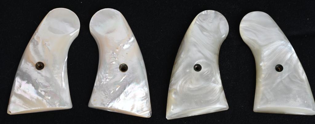 LOT 2 SETS OF REAL MOP GRIPS COLT OFFICERS MODEL: These are the real deal, pre war thick pearl grips for any Colt using Officers Model frame. They are in excellent condition, very heavy and would look great on an engraved or high condition gun.