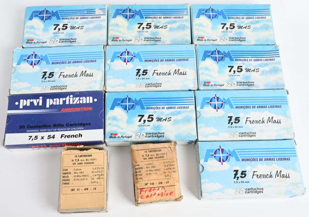 220 RDS 7.5x54 FRENCH MAS RIFLE AMMO: Approximately 220 rounds of French MAS rifle ammo. 10 20-round boxes and 2 15-round French military surplus factory cartons of 7.5x54 FRENCH MAS Rifle ammo. Excellent