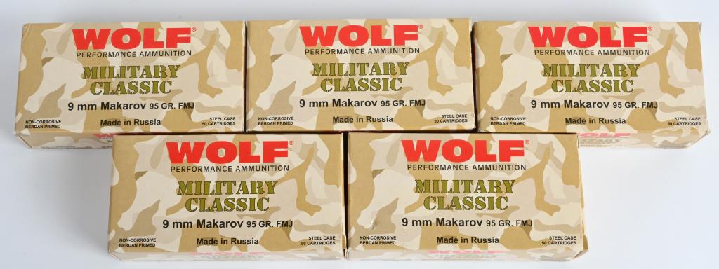 5 BOXES - 250 RDS 9mm MAKAROV PISTOL AMMO: 5 full boxes of Wolf 95 gr. FMJ Russian-made 9mm MAK pistol ammunifion for the Makarov pistol. Excellent