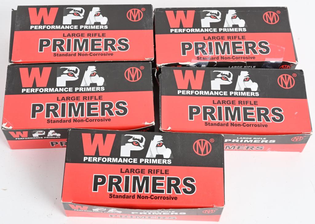 APPROXIMATELY 5000 WOLF LARGE RIFLE PRIMERS: 5 1000 pc. boxes of WOLF Large Rifle Primers. One of the boxes has come open and some of the primers are loose. Approximately 5,000 pcs. new in the box. Excellent