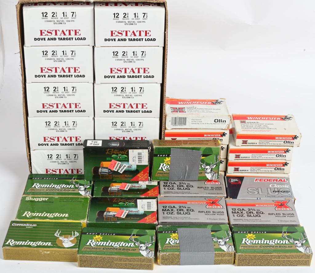 APPROXIMATELY 365 12 GA SHOTGUN SHELLS & SLUGS: 12 Gauge shotgun shells. Includes a mixed lot of Remington Express #4, Winchester 000 Buckshot (8 boxes), 15 boxes of Slugs of assorted manufacturers, and a case of 250 shells (in 25 round boxes) of E