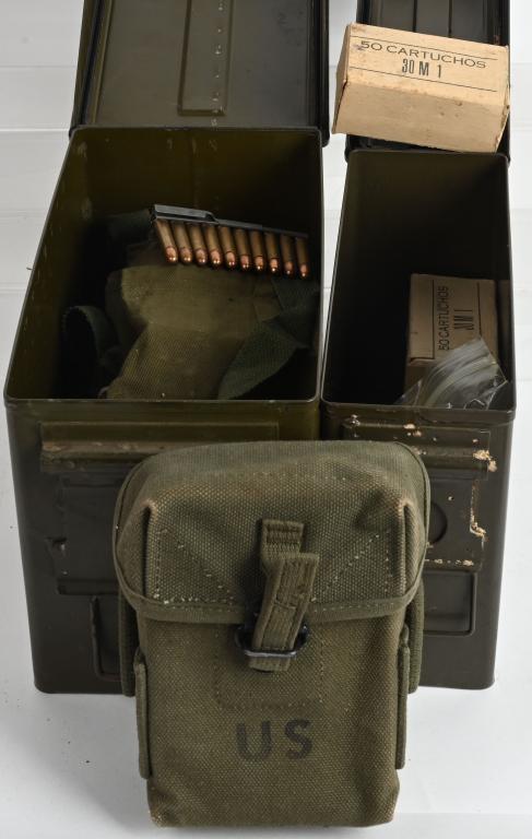 LOT .30 CALIBER M1 CARBINE AMMO (650) ROUNDS: Includes (3) 120 round bandoleers on stripper clips, (4) boxes of 50 GI, at least 100 clean rounds loose along with a mag pouch that holds 3 - 20 round magazines.