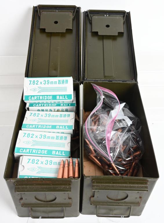 (1100) ROUNDS 7.62 X 39 AMMO: Most are still wrapped in paper. Five are boxed and there are about 150 loose rounds. All but boxed ammo comes with stripper clips. Made of AK-47 and SKS rifles. Clean fresh ammo.