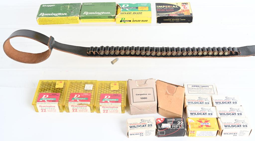 MIXED LOT AMMO 22 12 GA .308 8mm NAZI: Includes one pack of 8mm WWII Nazi Mauser ammo, dated 1938; approximately 400 rounds of .22 LR, approximately 20 rounds of Spanish surplus .308 WIN, 15- 20 GA slugs, 5 12 GA slugs, and more. Very Good